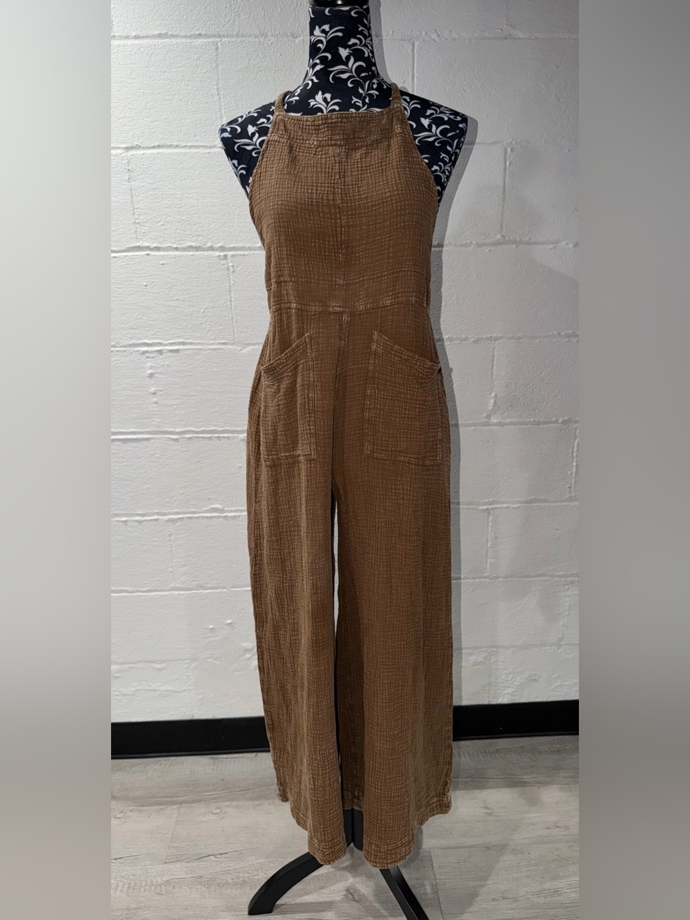 Easel Brown 100% Cotton Gauze Wide Leg Overalls Tie Strap Jumpsuit - Medium